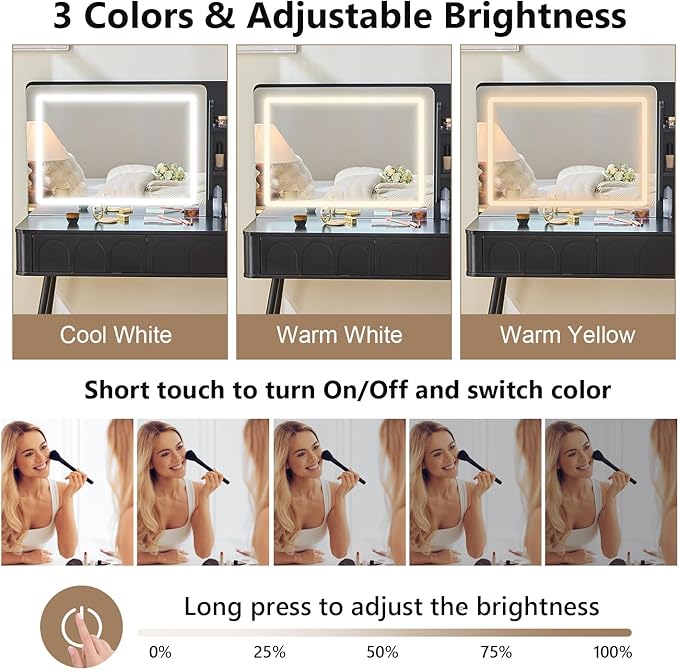 Merax Makeup Vanity Desk with Mirror and Lights, Vanity Table and Stool Set with Drawer & Movable Side Cabinet, Black Dressing Table for Bedroom with Mirror and 3 Color Modes