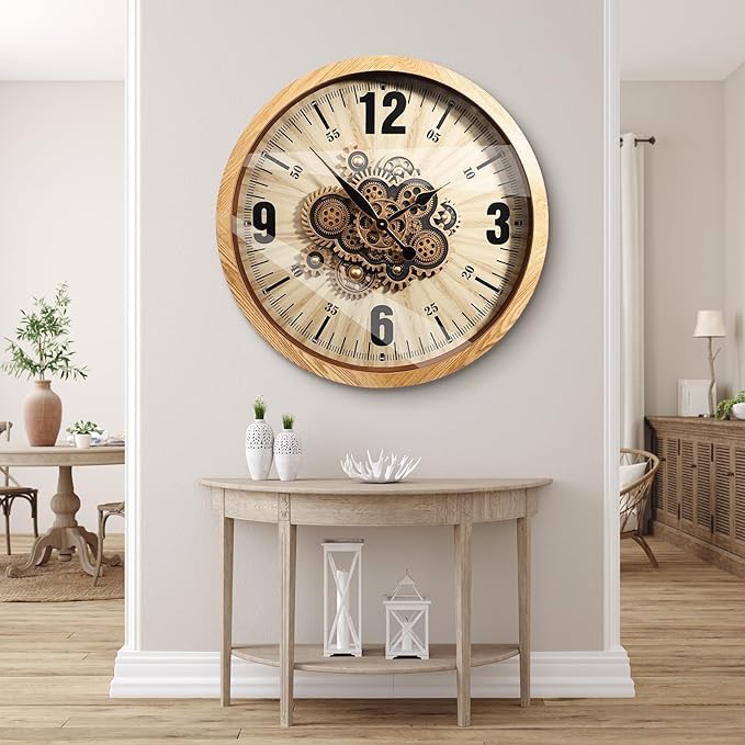 Wall Clocks for Living Room Decor, Large Real Moving Gears Clock, Vintage Industrial Oversized Rustic Farmhouse Kitchen Office Fireplace Wall Decor (Wood Tone, 27 inch)