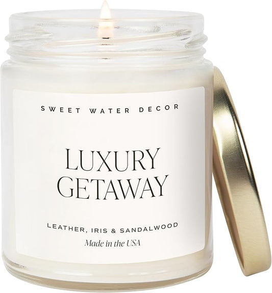 Sweet Water Decor Luxury Getaway Scented Candles - Soy Candles with Lemon, Cedarwood, Cinnamon, Vetiver, Amber & Musk Home Scent - Candle Wax with 40 Hours Burn Time - 9Oz Gold Lid Clear Jar Candles