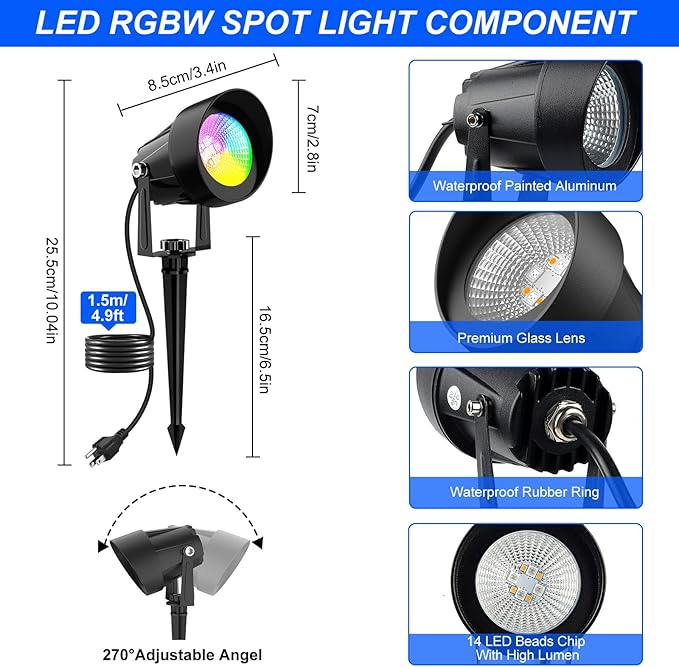 RGB Color Changing Landscape Spotlights Outdoor, Low Voltage LED Landscape Lighting with Remote/APP Control, IP65 Waterproof Outdoor for Yard Garden Pathway Christmas Halloween, 4 Pack