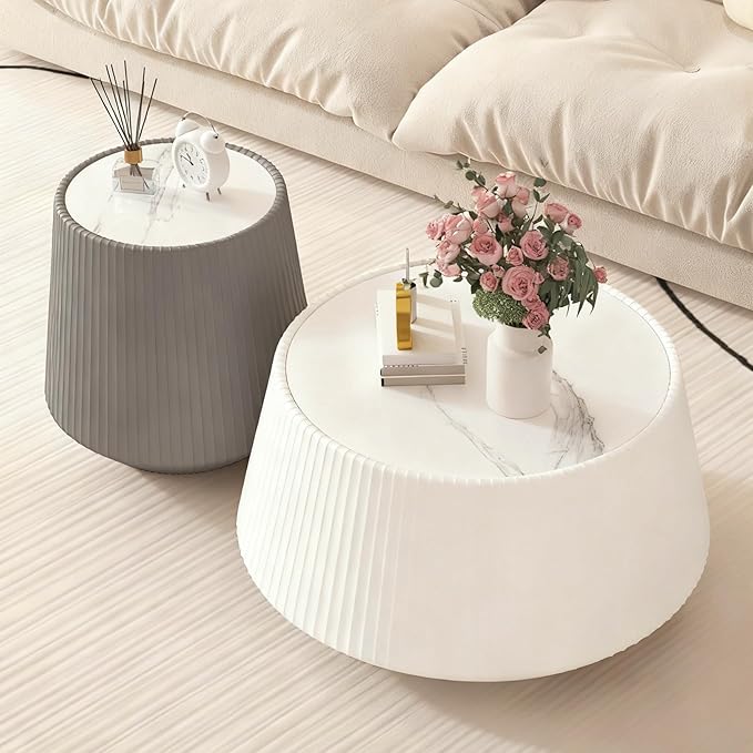 Round Coffee Table Set with Sintered Stone Tabletop, 26.77" White Drum Center Table and 19.68" Grey Coffee Table Set, 2 Pieces Living Room Table Set with Fluted PU Leather Cover& Stable Base