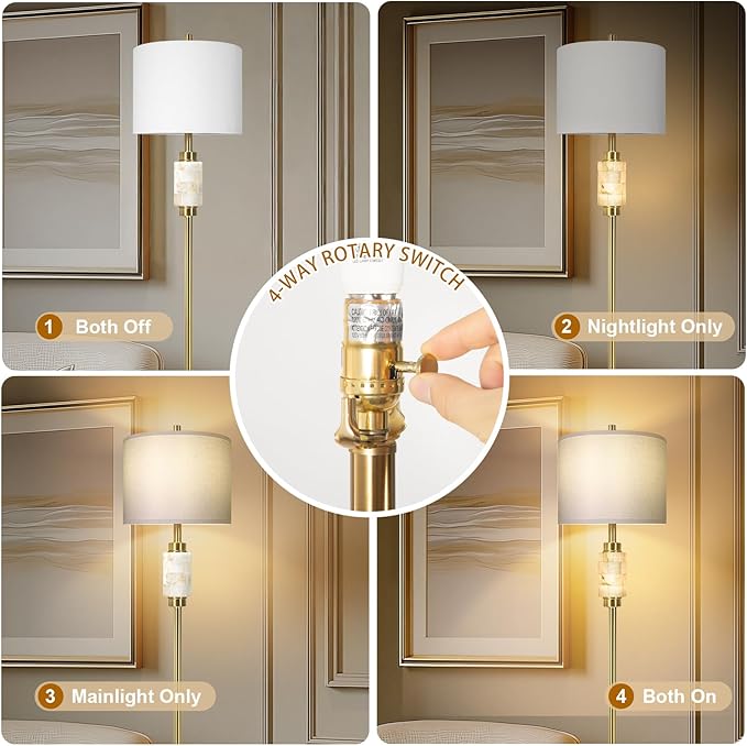 Floor Lamps for Living Room with Night Light, Alabaster Standing Lamp with Linen Shade, Rotary Switch, Marble Tall Lamp, Gold Floor Lamps for Bedroom Living Room Office (Bulb Included)