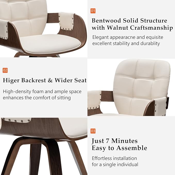 Set of 4 Swivel Dining Chairs - Mid Century Modern Dining Chairs with Arms and Curved Back, Faux Leather Bentwood, Versatile for Living Room/Reception/Conference Room/Kitchen/Desk (Walnut Beige)