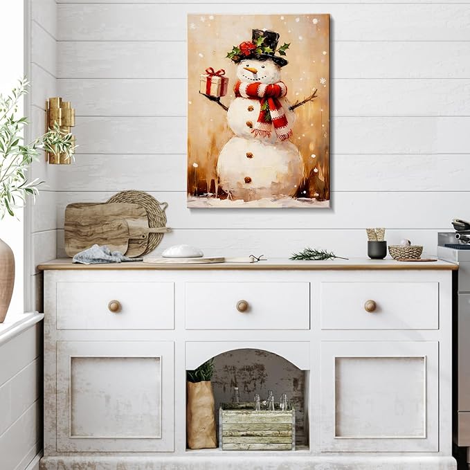 Rustic Snowman with Gift Box Christmas Canvas Wall Art - Humorous Winter Scene Framed Print for Bathroom & Bedroom Decor, Cozy Farmhouse Christmas Wall Art, Unique Christmas Gift & Festive Decoration