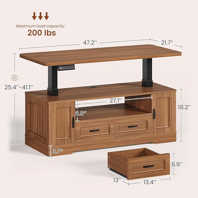 SEDETA 47.2" Electric Standing Coffee Table with Storage, Farmhouse Lift Top Coffee Table with Drawers and Open Shelves, Height Adjustable Tables with Power Outlet, for Living Room, Brown