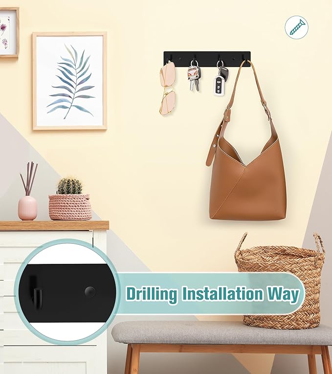 RELBRO Key Holder Wall Mount, Large Metal Self Adhesive Key Rack with 4 Hooks, 2 Installation Options, Black