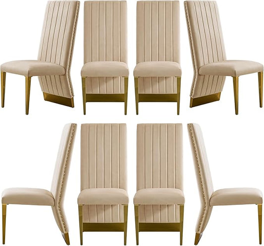 AUZ Dining Chairs with Nail Head Trim, Modern Velvet Upholstered Dining Room Chairs in Lovely Color with Polished Gold Stainless Steel Legs, Set of 8