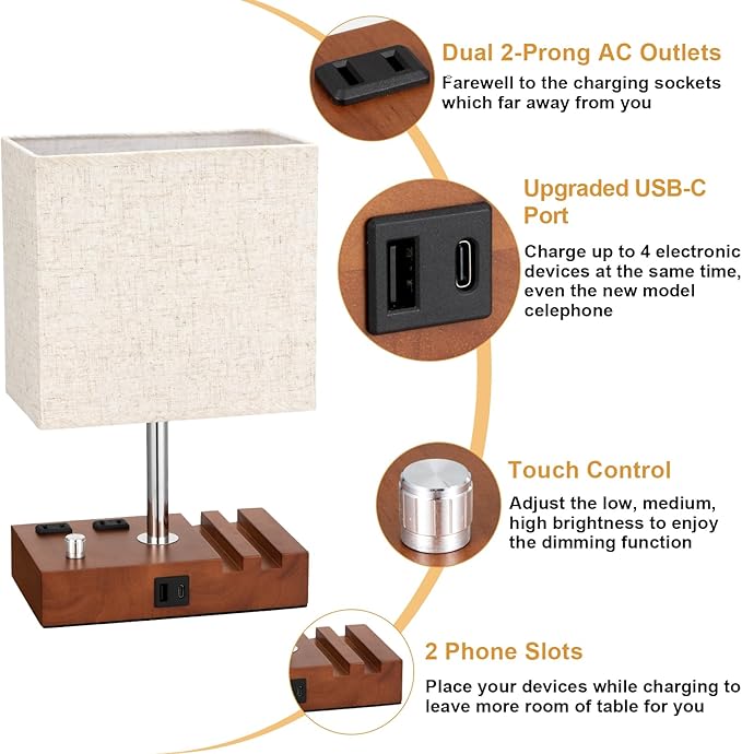 Kakanuo Fully Dimmable Nightstand Lamp for Bedroom with USB C Ports, Small Bedside Table Lamp with Charging Outlets and Phone Stands, Vintage Wooden Desk Lamp for Living Room, LED Bulb Included