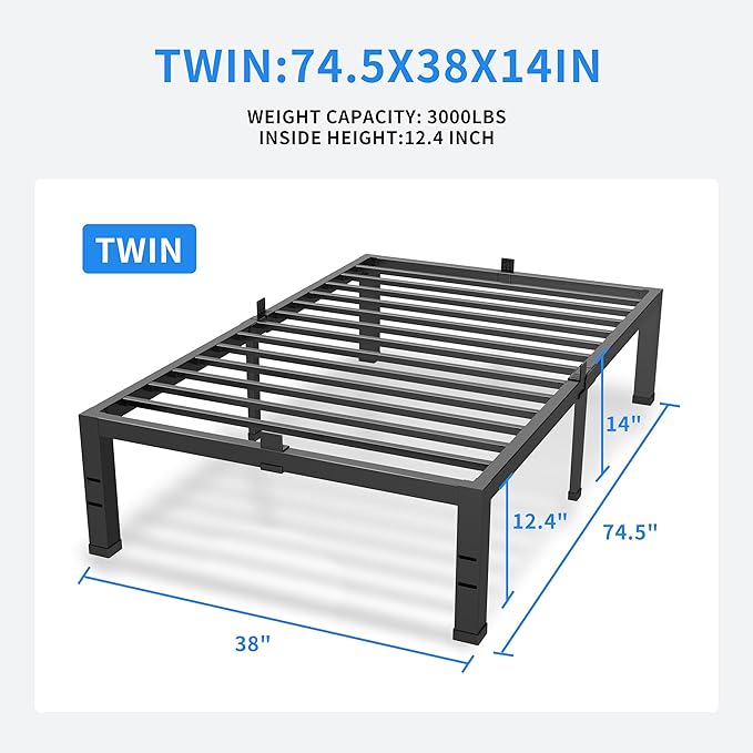 MAF Twin Bed Frames 14 Inch Metal Platform BedFrame with Black Heavy Duty Steel Slat Support Noise Free Twin-Bed-Frame, No Box Spring Needed