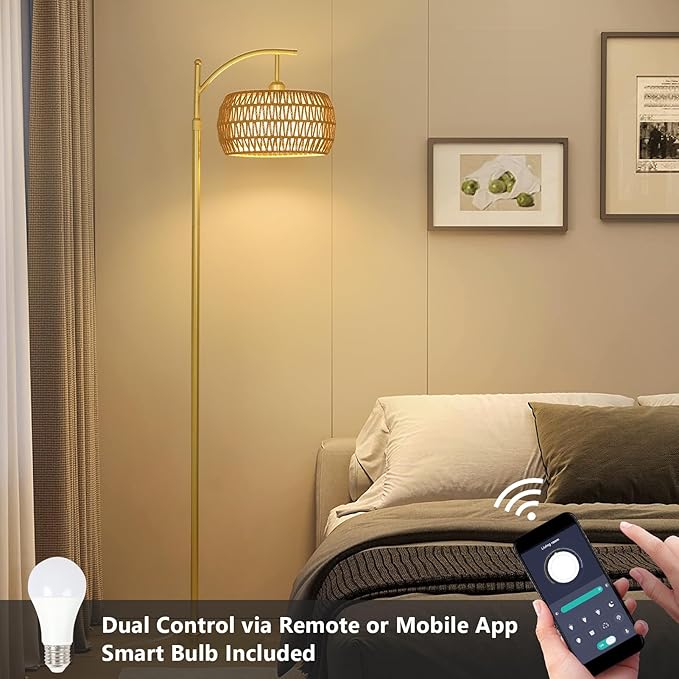 Arc Floor Lamp with 3 Color Temperatures, LED Gold Floor Lamp with Remote & Stepless Dimmable Bulb, Boho Standing Lamp with Rattan & Fabric Shades, Farmhouse Tall Lamp for Living Room Bedroom