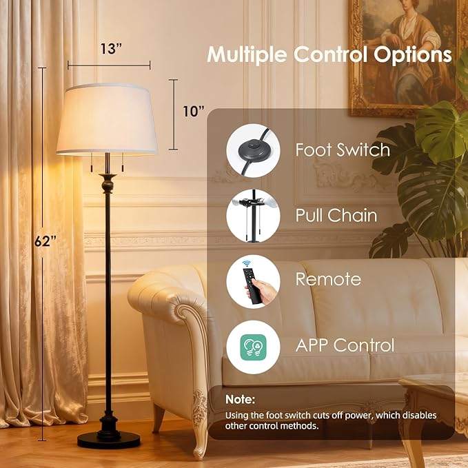 Standing Lamp, Living Room Lamp with Remote, Dimmable Floor Lamp with APP Control, 3 Color Temperatures, Stepless dimming, Farmhouse Floor Lamps for Bedroom, 2 Bulbs(Included)