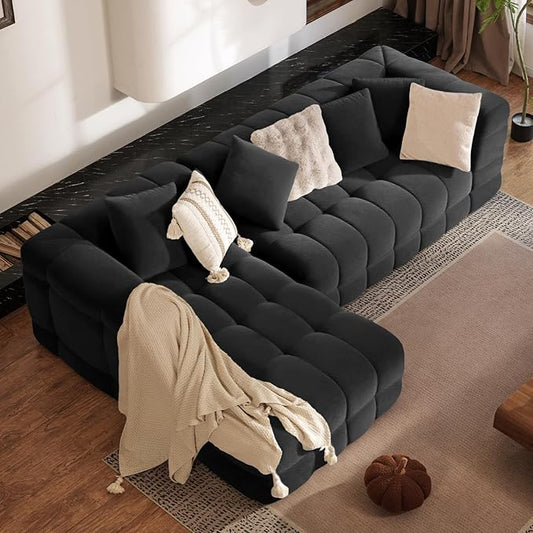 107" Modern Boneless Couch with L - Shaped Chaise, Comfy Chenille Modular Sectional Sofa with Tufted Design, Deep Seat Upholstered Sofa Bed, No - Assembly Sectional Couch, Black
