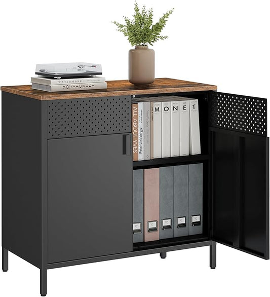 SONGMICS Storage Cabinet, Metal Cabinet, Sideboard with 2 Doors, 15.7 x 31.5 x 29.9 Inches, Magnetic Closure, Adjustable Shelf, Steel Frame, Rustic Brown and Black ULSC102B01
