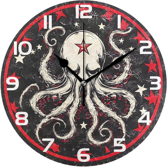 Bolaz Wall Clocks Decorative Bedroom Silent Living Room Desktop Octopus Star Tabletop Shelf Clocks Round Battery Operated 10 Inch Non-Ticking