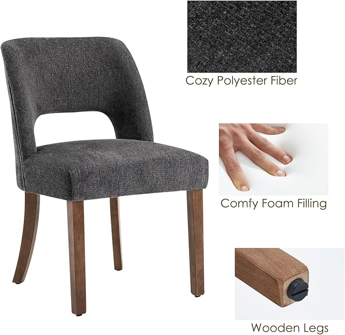 VKNOW Wooden Dining Chairs Set of 2, Modern Fabric Upholstered Dining Room Chair Kitchen Chairs, Farmhouse Dinner Chair for Kitchen Dining Room, Charcoal