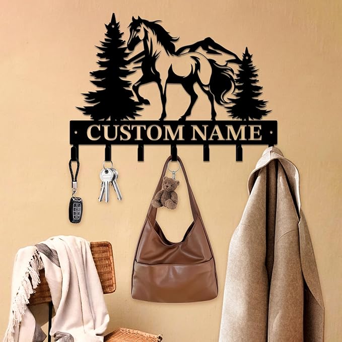 Personalized Custom Name Farm Horse Wall Key Hooks,Metal Horse Art Clothes Hooks,Metal Horse Wall Home Storage Decorative,For Front Door, Hallway, Kitchen, Bedroom,Keys,Hats (Style K)