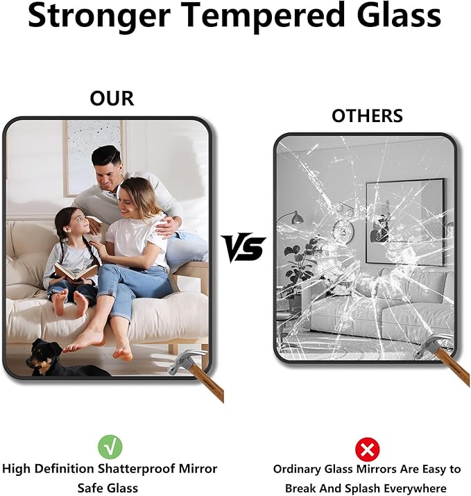 Koonmi Bathroom Mirror, 32X40 Brushed Black Metal Framed Wall-Mounted Mirror for Over Sink, HD Tempered Glass, Anti-Rust, Rounded Rectangle Mirror for Restroom, Bedroom, Hangs Horizontal or Vertical