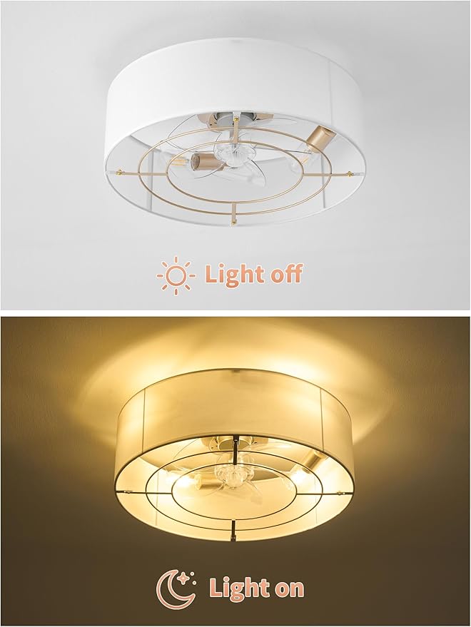 Low Profile Ceiling Fans with Lights, 20" Flush Mount Ceiling Fan with Light, Boho Bladeless with 6 Speeds, Rattan Remote Control for Bedroom, Nursery, Living Room