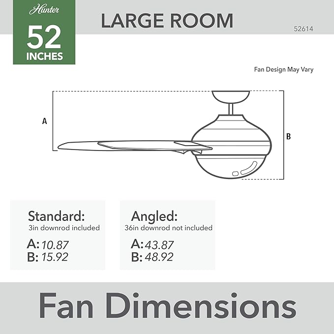 Hunter 52 inch Indoor Ceiling Fan with LED Light and Remote Control - Modern Smart Ceiling Fan, Standard Mount, 5 Blades, For Bedroom, Living Room, or Kitchen, Quiet - Aerodyne 52614, Dove Grey