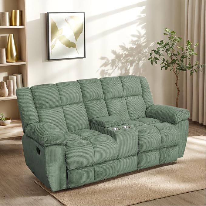 Manual Recliner Sofa Set,Corduroy Reclining Couch Set,Modern Living Room Furniture Set,Reclining Sofa Couch Chair for Living Room Home Office(Green,3 Pieces Set)