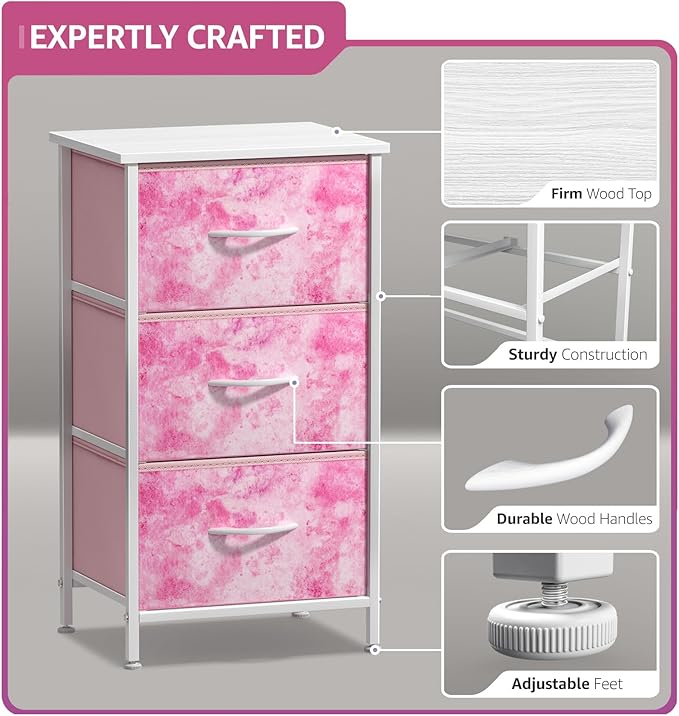Sorbus Nightstand Storage Organizer Chest with 3 Drawers - Kids Girls, Boys Bedroom Furniture Chest for Clothes, Closet Organization - Steel Frame, Wood Top, Tie-dye Fabric Bin (3-Drawer, Pink)