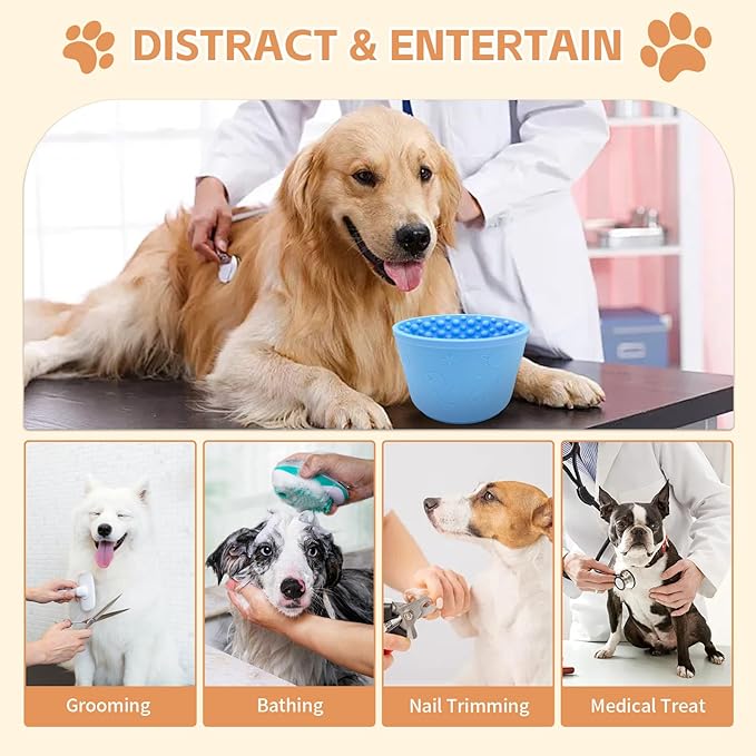 Dog Lick Bowl with Brush and Scraper, Anxiety Relief Silicone Slow Feeder Treat Dispenser, Anti-chocking Pet Dish, Non-Slip Interactive Entertainment Dog Puzzle Toy for Medium & Large-Light Blue