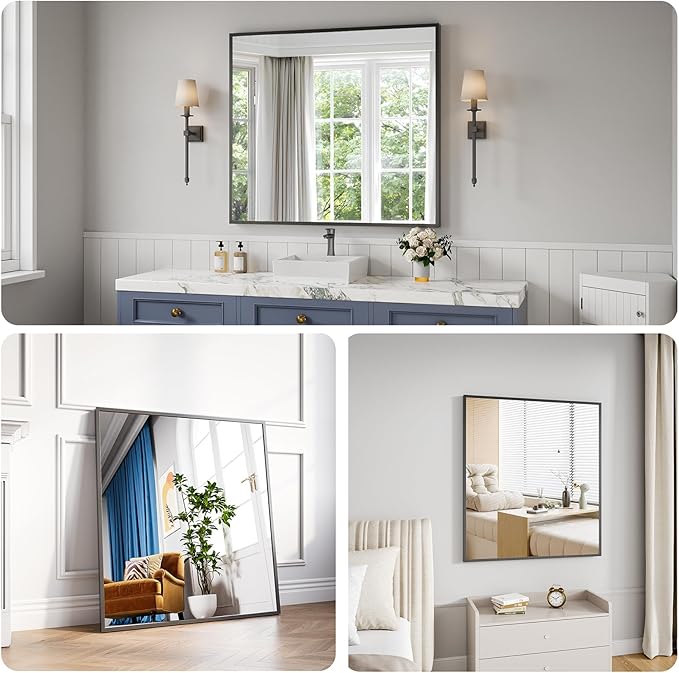 Bathroom Mirror 36"x40" Matte Black Rectangle Bathroom Wall Mirror for Over Sink, Modern Large Vanity Mirror, HD Tempered Glass, Anti-Rust Aluminum Alloy Frame, for Living Room, Bedroom, Entryway