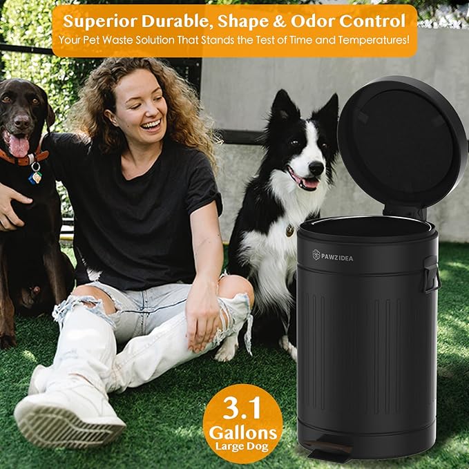 PAWZIDEA Dog Poop Trash Can Outside Odor Control, 3.1 Gallon Outdoor Trash Can with Lid, Waterproof Pet Waste Disposal Container, Small Poop Bin Step Garbage Can, 7.8in Activated Carbon Filter, Black
