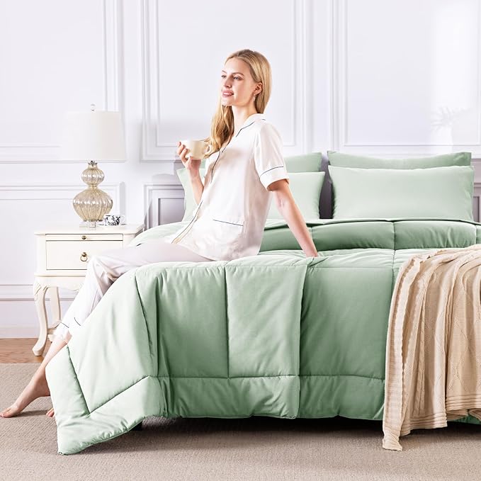 CozyLux Twin XL Comforter Set Sage Green, 5 Pieces Twin Extra Long Bed in a Bag for College Dorm, All Season Bedding Set with Stitch Quilted Comforter, Flat Sheet, Fitted Sheet, Pillowcases