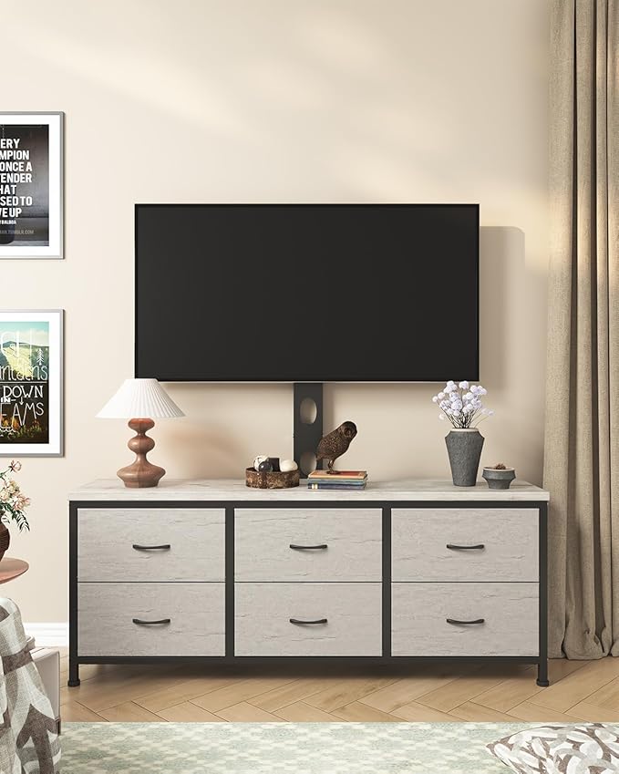 TV Stand with Mount, Fabric Dresser with 6 Drawers for 32/45/55/60/65/75 inch TVs, Dresser Entertainment Center, Modern Media TV Console Table