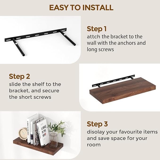 Fun Memories Floating Shelves for Wall, 48 x 9.3 Large Floating Shelf Wall Mounted Set of 2, Rustic Wood Shelves for Bathroom, Kitchen, Living, Heavy-Duty Storage Deep Shelf for Books, Decor, Walnut