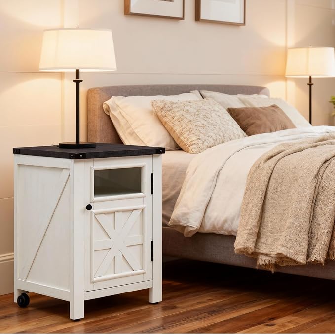 ACCOHOHO Farmhouse End Table with Charging Station,18'' Sofa Side Table,Nightstand with Barn Door,Bedside Table with Adjustable Shelf for Living Room, Bedroom, Office (White)