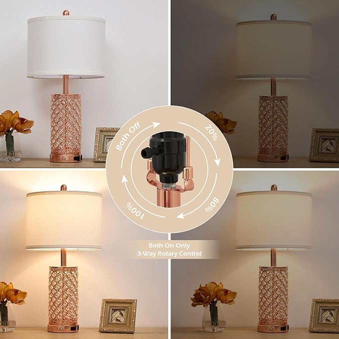 Crystal Table Lamps Modern 3-Way Dimmable Bedside Lamp with 2 USB Ports & AC Outlets for Living Room Bedroom Nightstand Lamp Night Light (Rose Gold-2 Pack 24In)