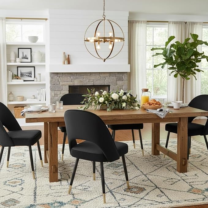 LukeAlon Mid Century Modern Dining Chairs Set of 2, Velvet Upholstered Open Back Kitchen Chairs with Gold Metal Legs, Armless Side Chairs for Dining Room, Living Room, Luxurious Black