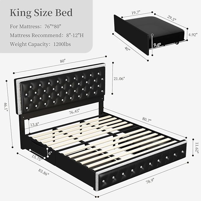 King Led Bed Frame with 2 Drawers, Modern Heavy Duty Upholstered Platform King Size Bed Frames with Crystal Button Tufted Headboard, Solid Slats, Noise Free, No Box Spring Needed, PU Black