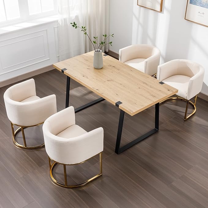 Linen Fabric Dining Chairs Set of 2 Modern Barrel Arm Chairs with Golden Frame, Upholstered Kitchen Chairs 18.5" Wide Accent Chairs for Living Room Dining Room Restaurant, Cream