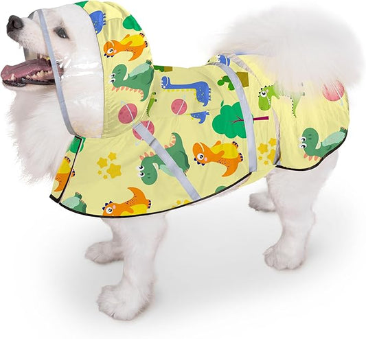 Dog Raincoat, Adjustable Dog Rain Jacket with Clear Hooded Double Layer for Large Medium Small Dogs Puppies, Waterproof Rain Coat Poncho Dinosaurs, Yellow-XXL