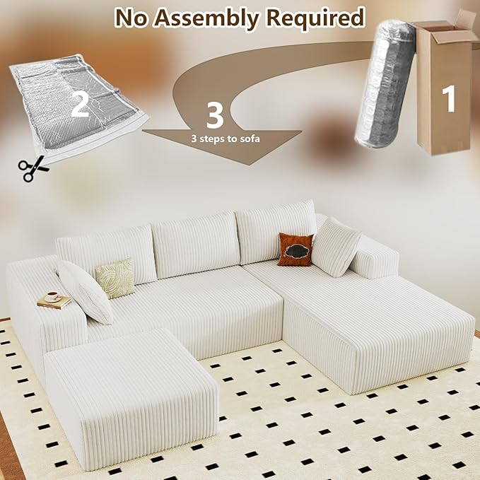 96" U-Shape Cloud Couch, Modern Modular Sectional L-Shape Sofa with Ottoman, Corduroy Upholstered Couches Deep Seat Sleeper Chaise Longue for Living Room, No Assembly Required(White, Right Facing)