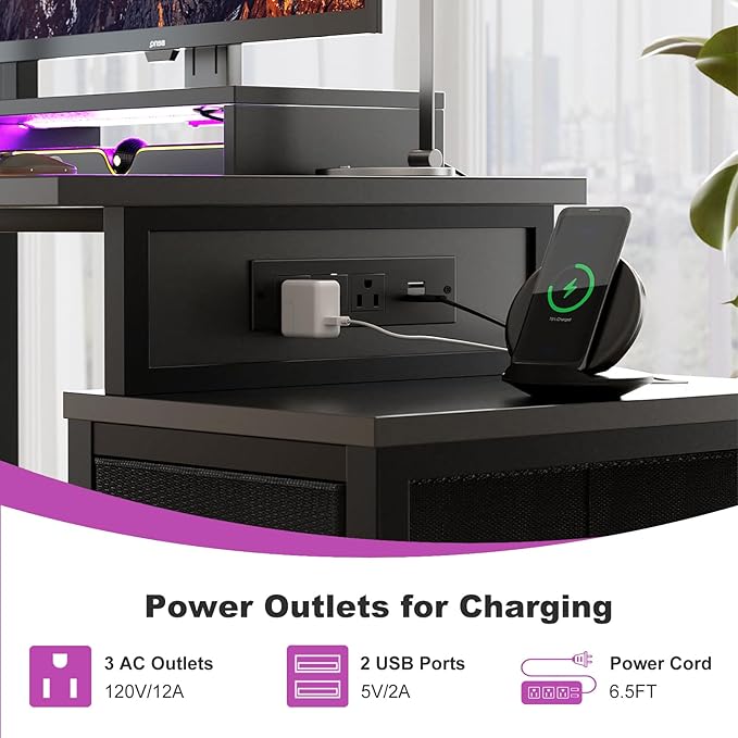 Small Gaming Desk with 2 Fabric Drawers - Reversible Computer Desk with Power Outlet & LED Lights, 49" Office Desk with Monitor Stand & Storage Shelves, Writing Study Table with Pegboard, Black