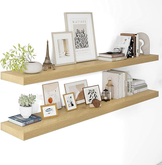 Vivelove 12 Inch Deep Floating Shelves 55 inch Long, 2 Inch Thick Wall Shelves with Invisible Brackets, Shelf for Bedroom Bathroom Living Room Kitchen Office Home Decor, Modern Shelf Set of 2, Oak
