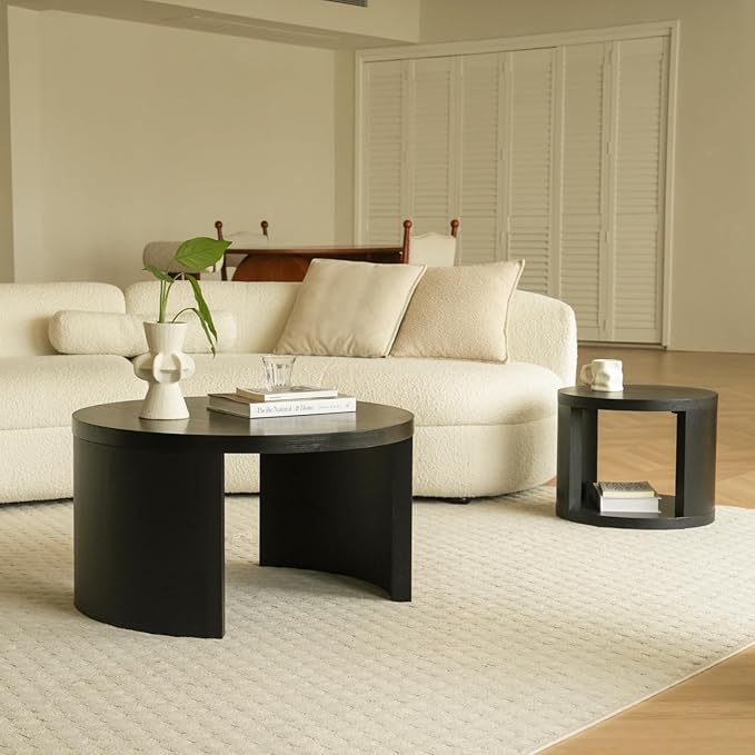 Round Nesting Coffee Table Set of 2, 31.5" Large and 18" Small Low Tables, Modern Wood Grain Tables for Living Room, Black