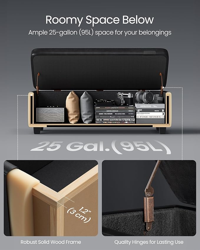 VASAGLE EKHO Collection - Storage Ottoman Bench, Entryway Bedroom Bench, 25 Gallons, Synthetic Leather with Stitching, Mid-Century Modern, Safety Hinges, Loads 660 lb, Ink Black ULOM075B01