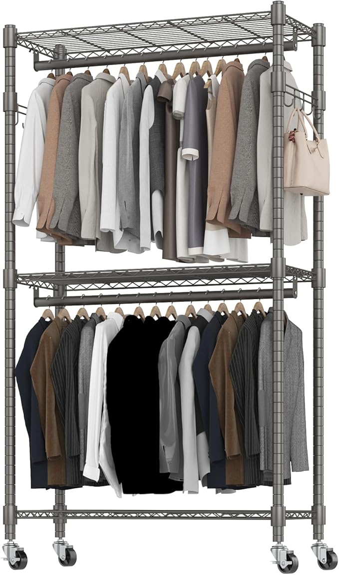 BATHWA Rolling Garment Rack Portable Closet Clothes Rack for Hanging Clothes, Metal Wardrobe Clothing Rack with Wheels and 8 Side Hooks, Double Rods, Adjustable Shelves, Gray