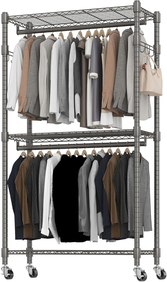 BATHWA Rolling Garment Rack Portable Closet Clothes Rack for Hanging Clothes, Metal Wardrobe Clothing Rack with Wheels and 8 Side Hooks, Double Rods, Adjustable Shelves, Gray