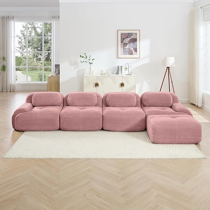 152" Modern Compressed Boneless Couch with Ottoman, 4 Seater Large L Shaped Sectional Couches for Living Room, Pink Corduroy Cloud Modular Sectional Sofa, Memory Foam, Extra Deep, No Assembly