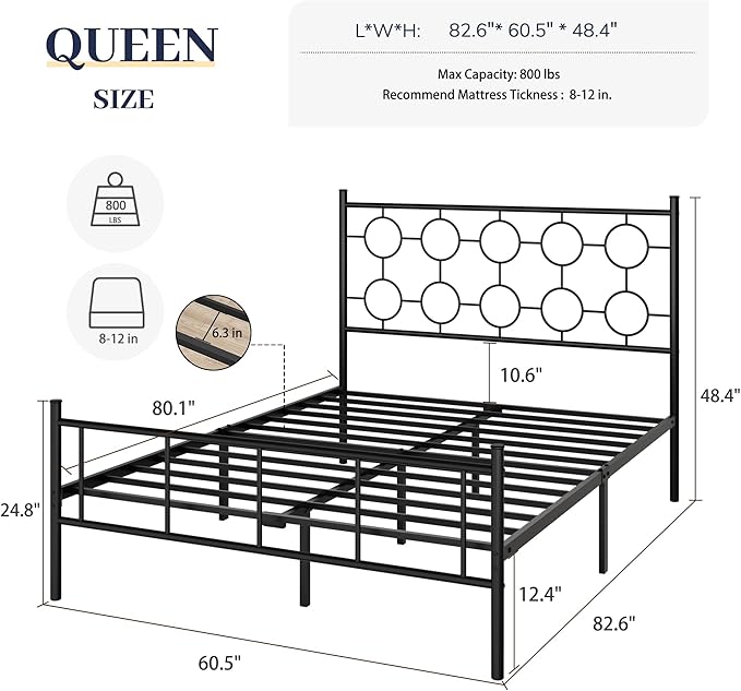 Queen Size Classic Metal Platform Bed Frame with Headboard and Footboard, Victorian Style Iron Bedframe with 12 inch of Storage Under Frame, Slat Support, No Springs Required, Easy to Assemble (Black)