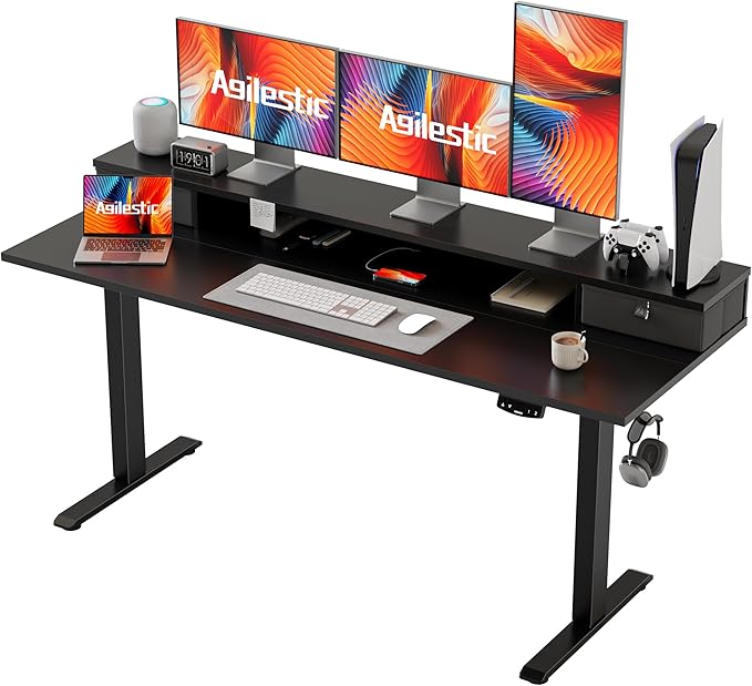 Agilestic 63 x 24 Inches Electric Standing Desk with 2 Storage Drawers, Stand Up Desk Adjustable Height, Sit and Stand Computer Table with Splice Board, Black
