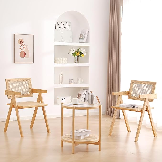 Tiita Rattan Accent Chairs, Mid Century Modern Dining Chairs Set of 2, Bamboo Living Room Chair for Reading Room Dining Kitchen, Wood