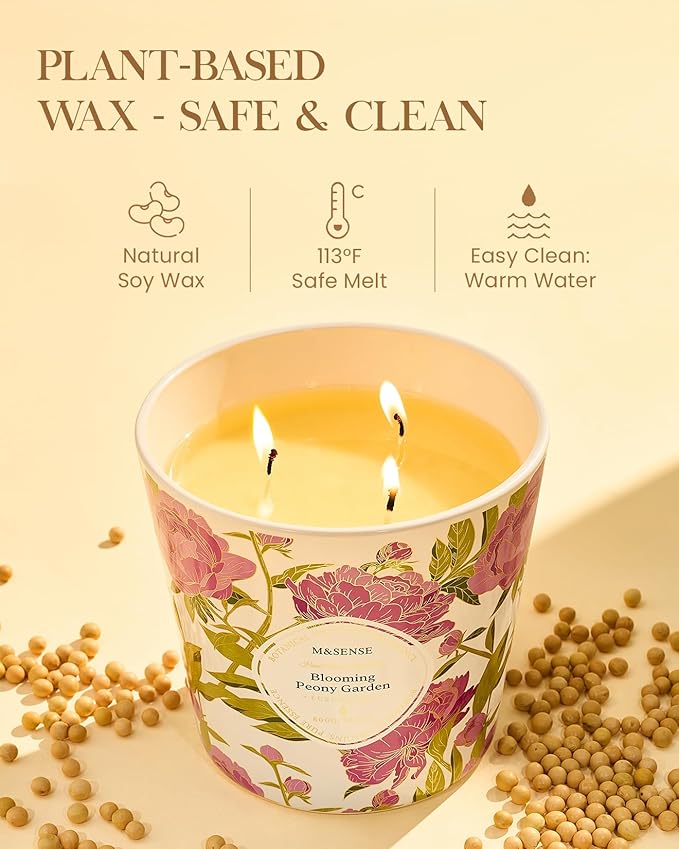 M&SENSE Blooming Peony Scented Candle, 28.2oz 3 Wick Natural Soy Wax Large Candles, Long Lasting Clean Slow Burning No Toxic Décor for Home Relaxation, Romantic Dates & Gift-Giving