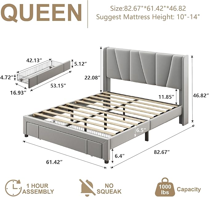 Queen Bed Frame with Storage Drawers, Upholstered Queen Size Platform Bed with 47" Tall Headboard and Wingboard, No Box Spring Needed, Noise Free, Easy Assembly, Wooden Support Slats, Light Grey